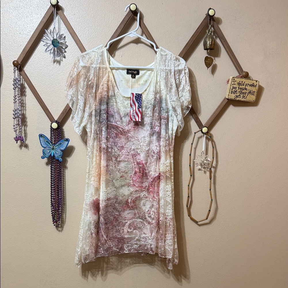 Daniella White and Pink Lace Blouse
